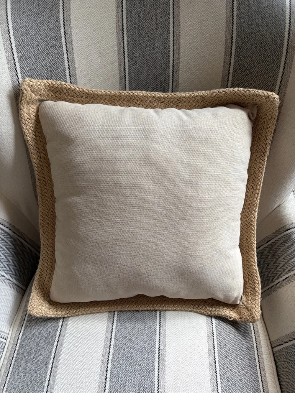 Set of 2 Neutral Beige Decorative Throw Pillows with Woven Jute Trim